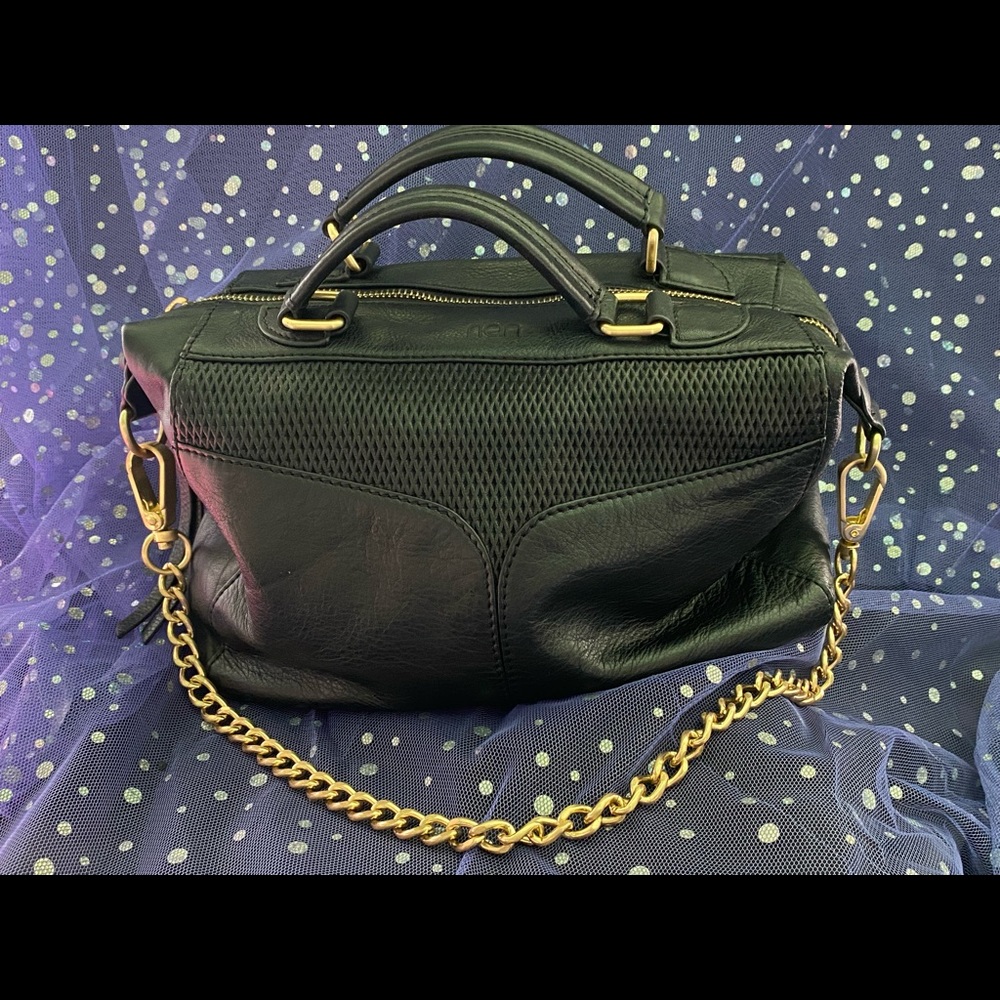 Rian handbag. Black leather with gold chain and accents. 14”x10”x4”
